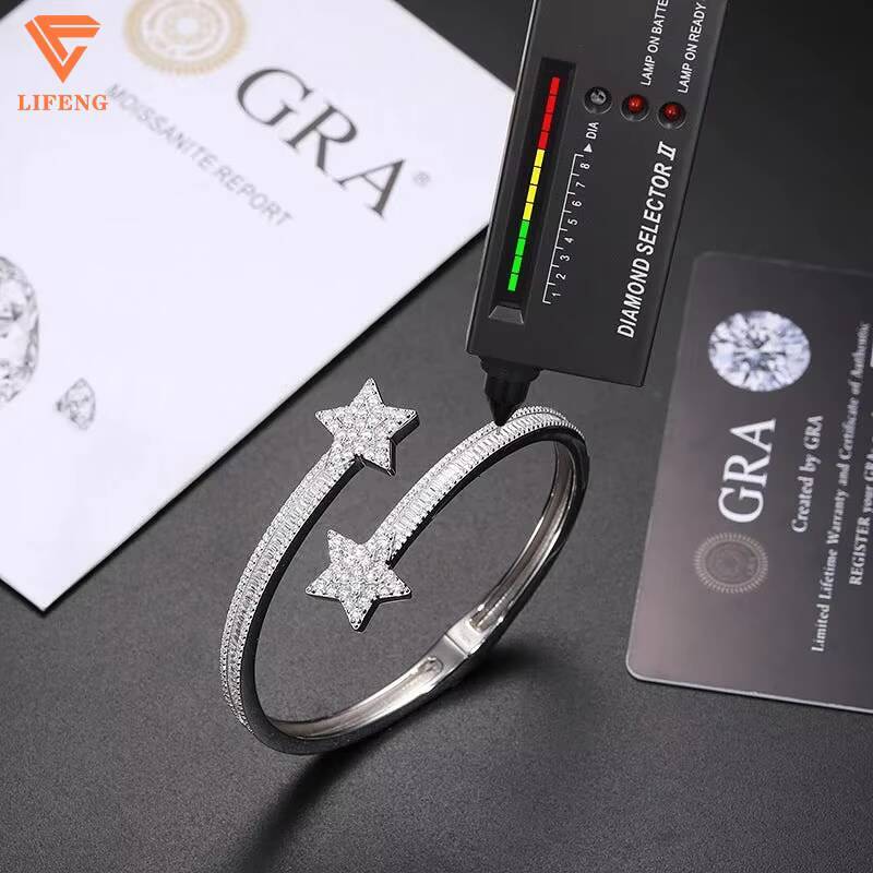 Lifeng Jewelry Pass Diamond Tester VVS Moissanite Star Bangle Baguette Cut Silver Bling Men Women Bracelet