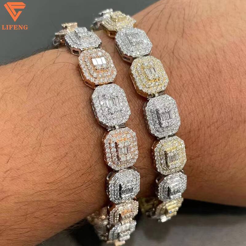 Lifeng Jewelry Hot Sale Hip Hop Rock Candy Chain 925 Silver Gold Plated Bling Moissanite Chain Iced Out Initial Necklace
