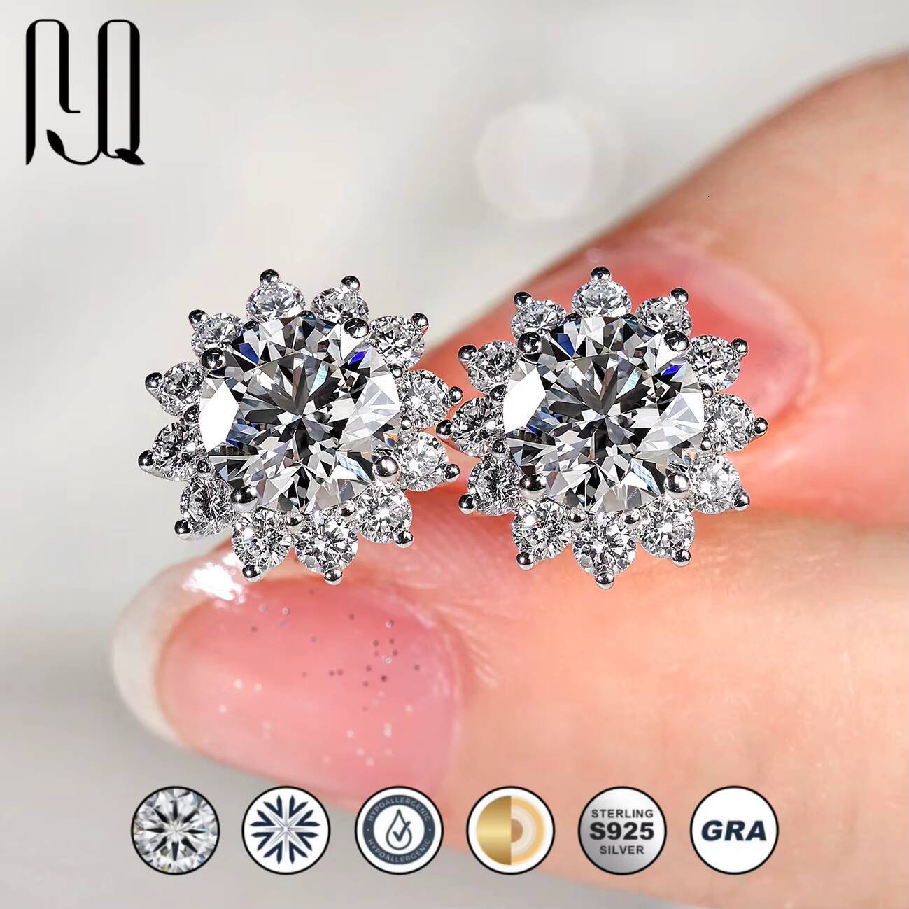 Sunflower Design Moissanite Stud Earrings 925 Sterling Silver Light Luxury Premium Unique Ear Jewelry Factory Wholesale