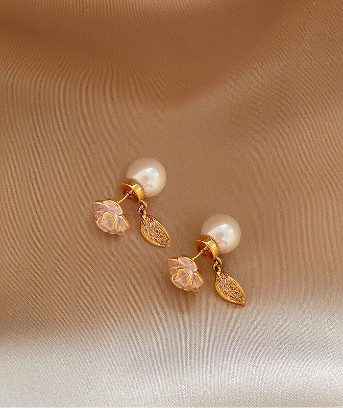 Elegant and stylish camellia pearl zirconia stud earrings for women, versatile design, 2026 new popular ear accessories - view 8