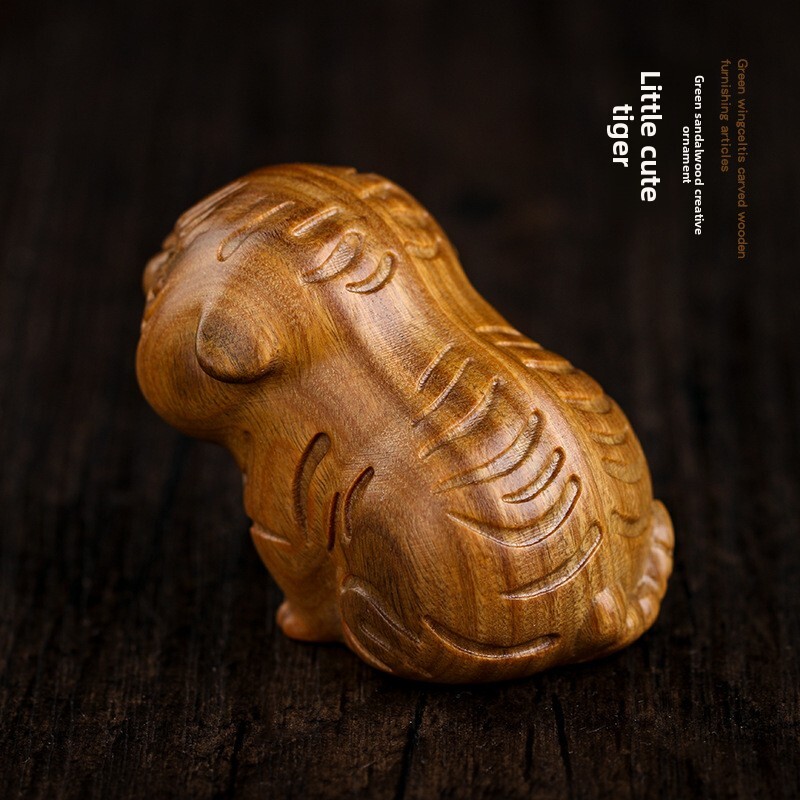 Ornament Cartoon Green Sandalwood Carving Home Living Room Wine Cabinet Decoration Tea Table Desktop Creative Zodiac Tiger Display Cute Style