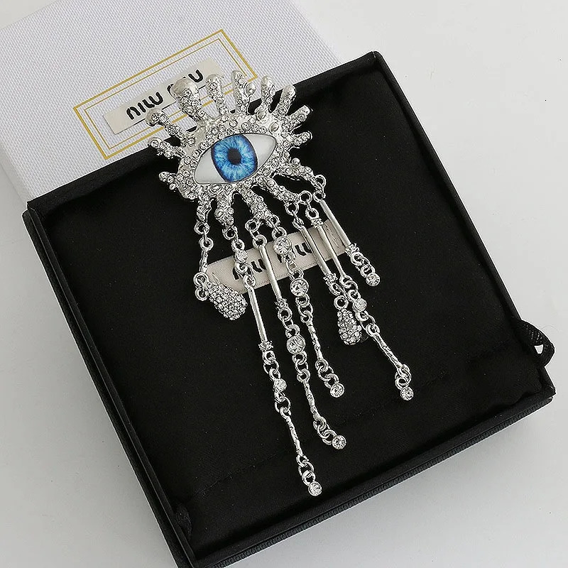 Retro Eye Shaped Rhinestone Brooch for Women and Men Tassel Chain Lapel Pins Badge Elegant Fashion Jewelry Accessories 260403BJ - view 4
