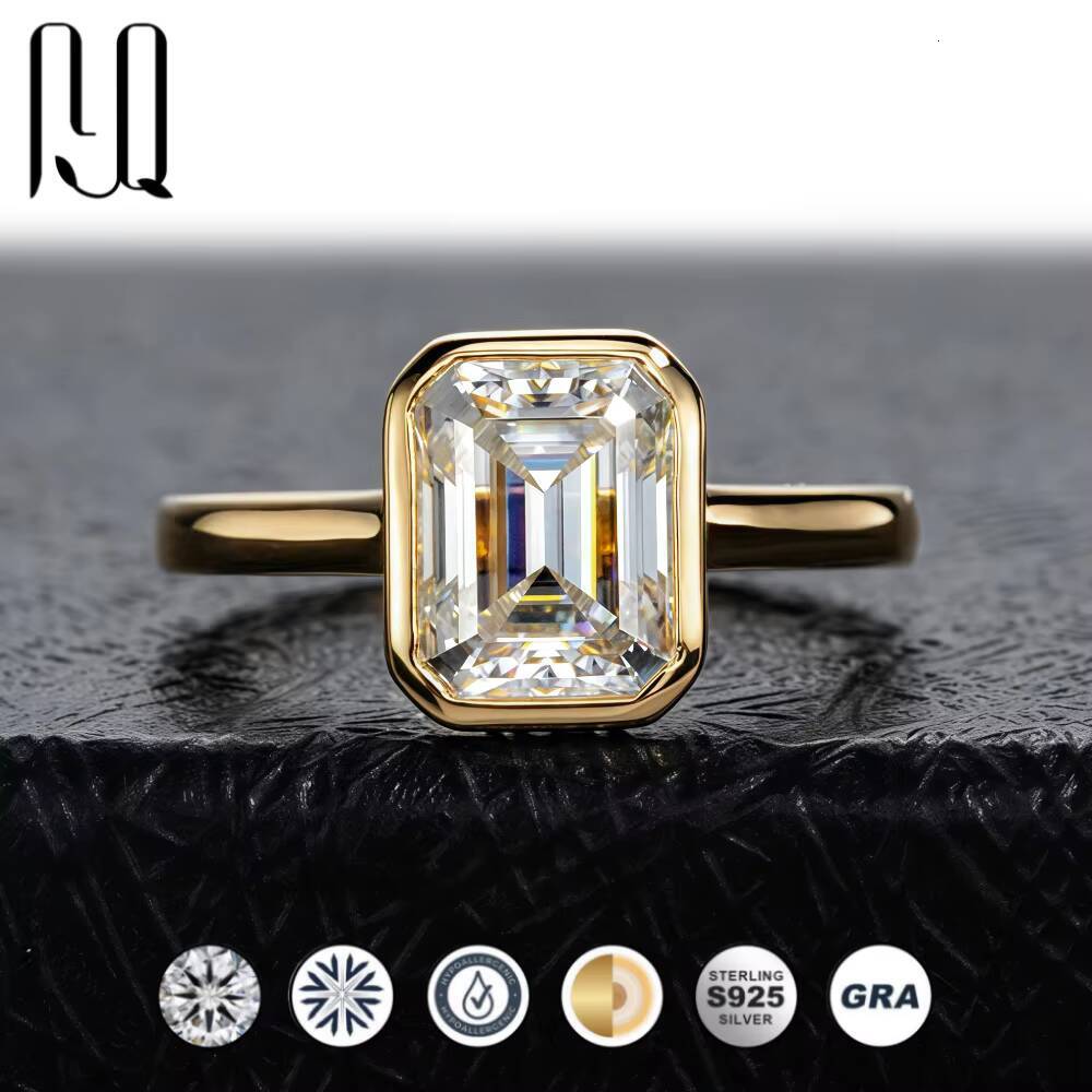 Bezel Set 3 Ct Emerald Cut Moissanite Ring 925 Sterling Silver 18k Gold Plated Womens Jewelry Factory Direct