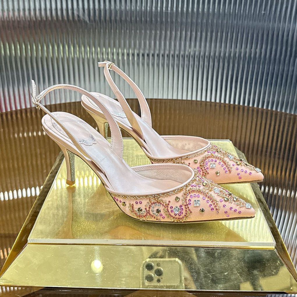 heel pink heels slingback dress shoes heels designer luxury fashionable pointed lace rhinestone high heels French fairy slim heels toe cap sandals nail bead wedding