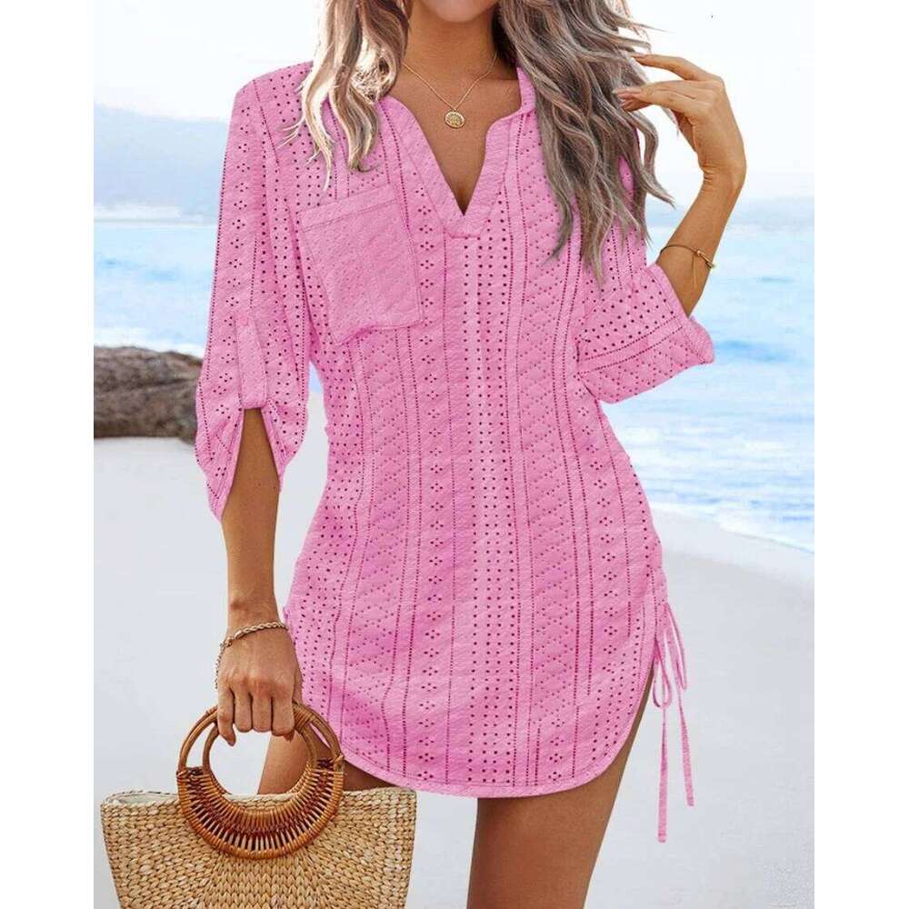 Women's V-Neck Hollow Out Beach Tunic - Lightweight Summer Cover Up With Side Tie Details YINRULAN