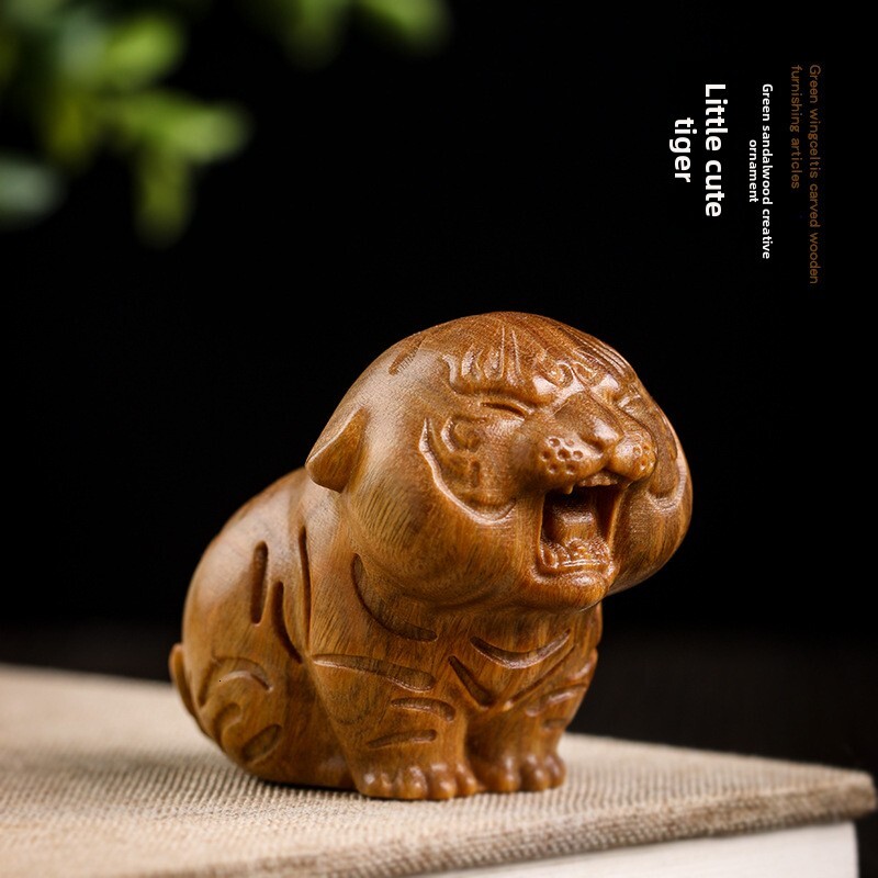 Ornament Cartoon Green Sandalwood Carving Home Living Room Wine Cabinet Decoration Tea Table Desktop Creative Zodiac Tiger Display Cute Style