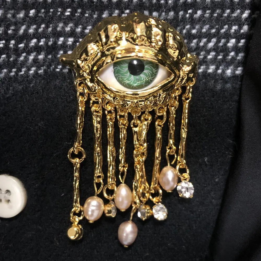 Women Men Vintage Eyes of Demon Brooch Pins Exaggerated Trendy Style Imitated Pearl Delicate Tassels Metal Badge Jewelry 260403BJ - view 7