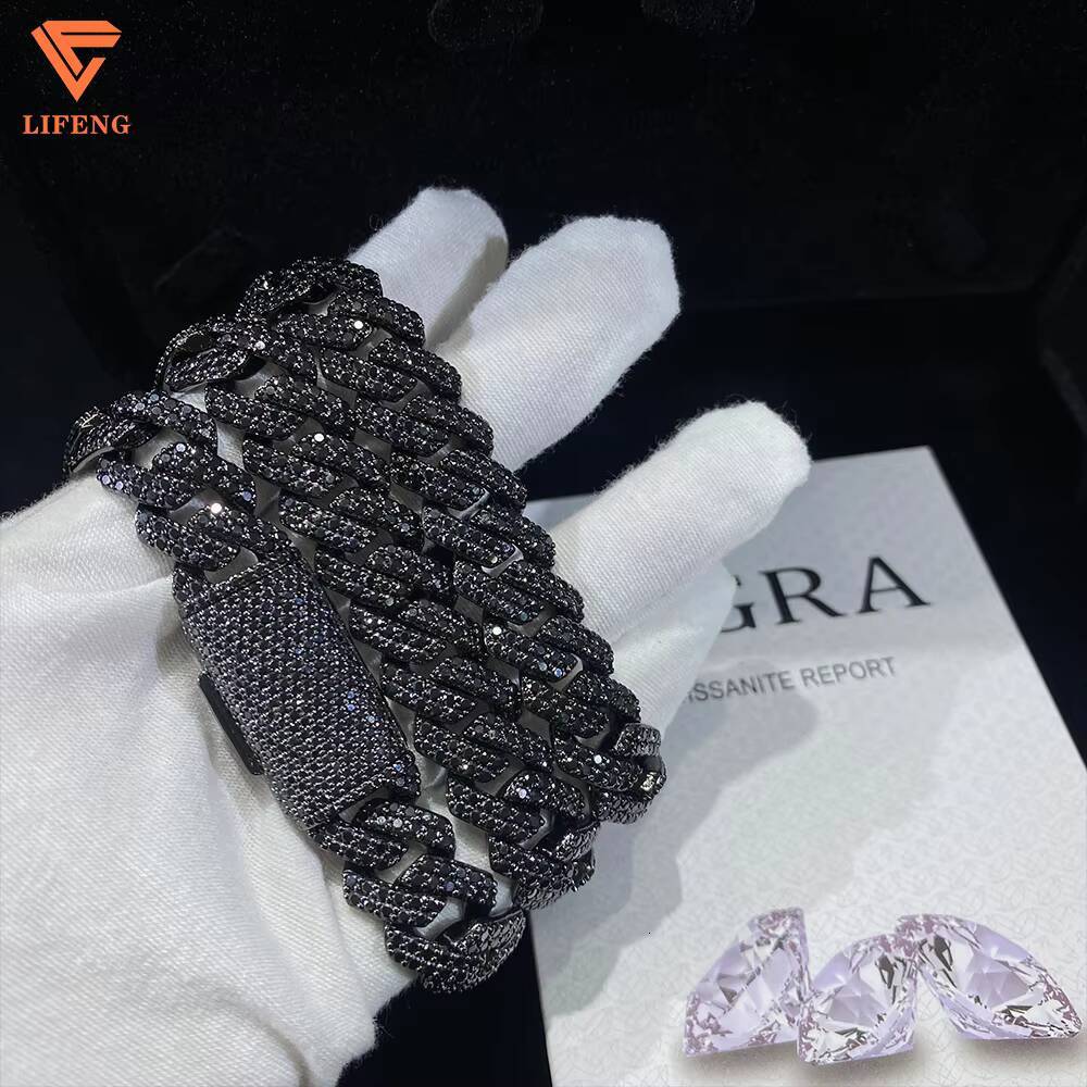 Rapper Jewelry Hip Hop Sterling Silver 8MM 10MM 13MM 15MM Black Moissanite Iced Out Cuban Link Chain