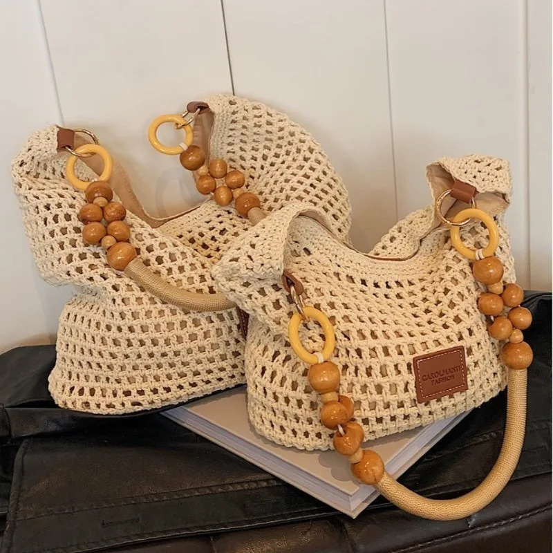Beach Summer Bag for Women Mesh Woven Shoulder Bag Adjustable Strap Handbag Large Capacity Hobo Bag for Travel Vacation 260330