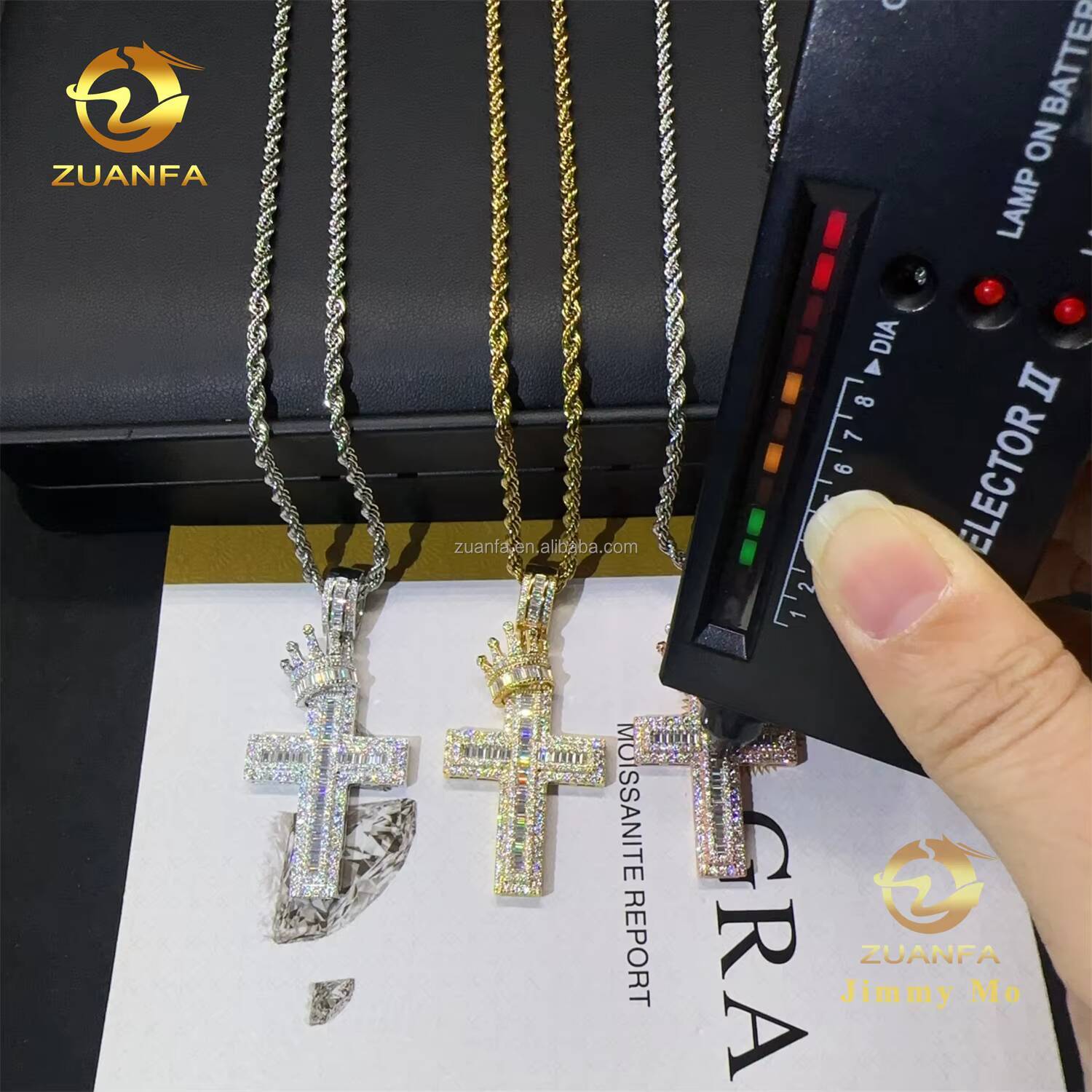 Bulk Stock Hot Selling Popular Trendy Fashion Jewelry Hip Hop S925 VVS1 Baguette Moissanite Diamond Cross Crown Bail Pendant