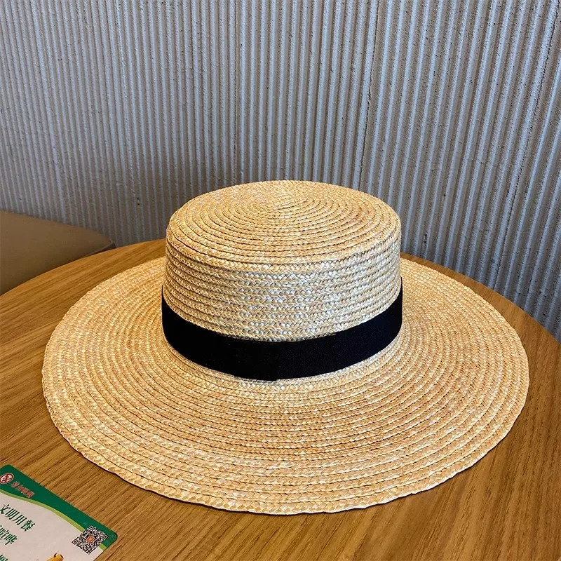 Boater Straw Hat wide brim French elegant square ribbon womens sun hat holiday straw hat 260327