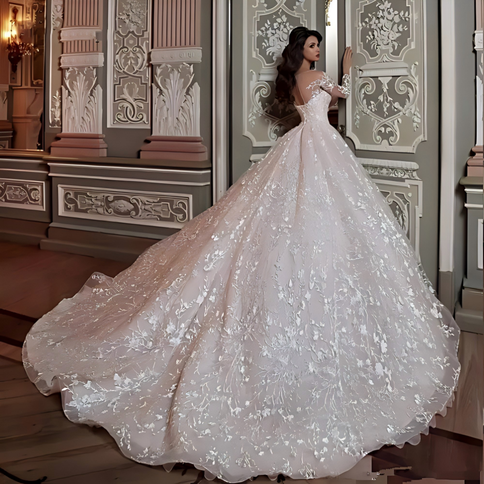Dubai Arabic Princess A-line Wedding Dresses Sweetheart Elegant Long Transparent Sleeves with Lace Applicants Shiny Bridal Gowns Court Gown Custom Mad