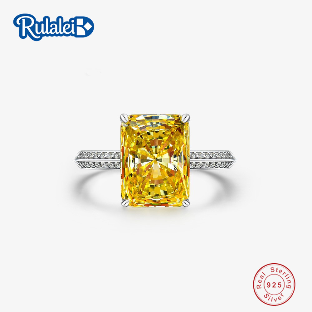 Rulalei Genuine 100% 925 Sterling Silver Crushed Ice Cut Citrine High Carbon Diamonds Gemstone Wedding Engagement Ring Fine Jewelry Gift