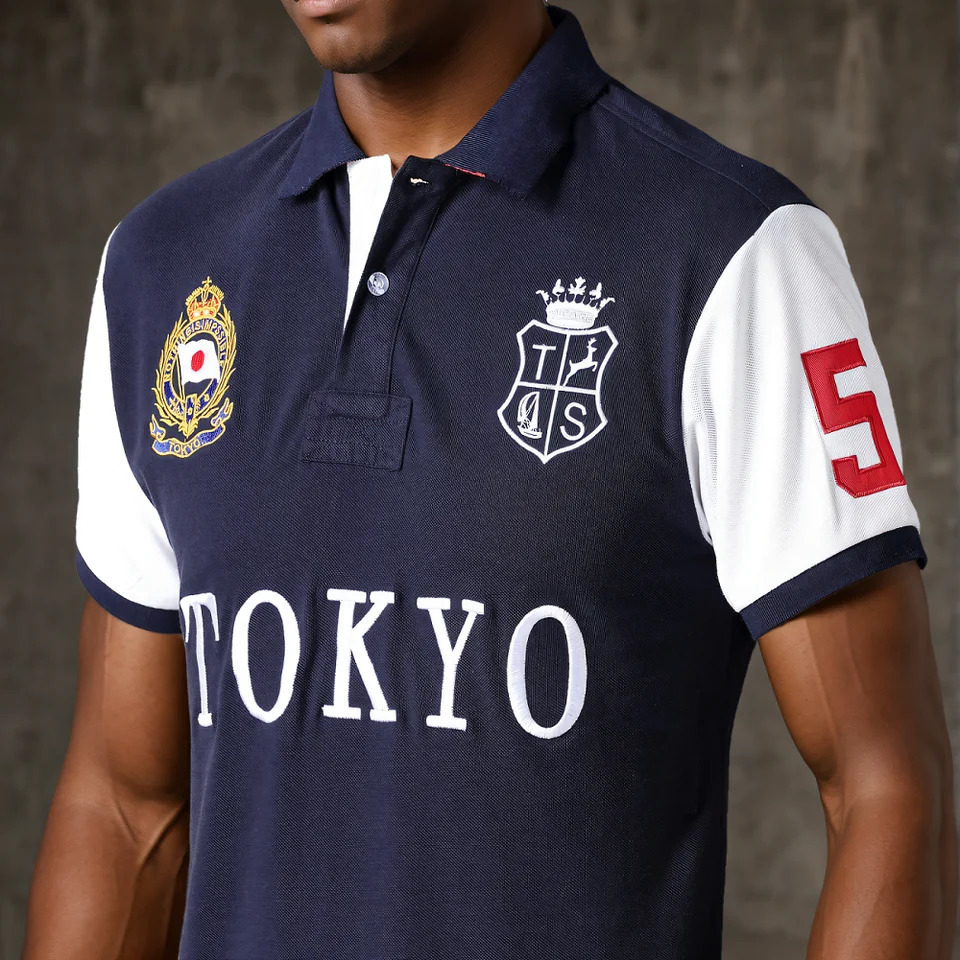 Mens polo shirt Tokyo Japan Royal short sleeve leisure sports party cotton embroidered contrast color original 260402