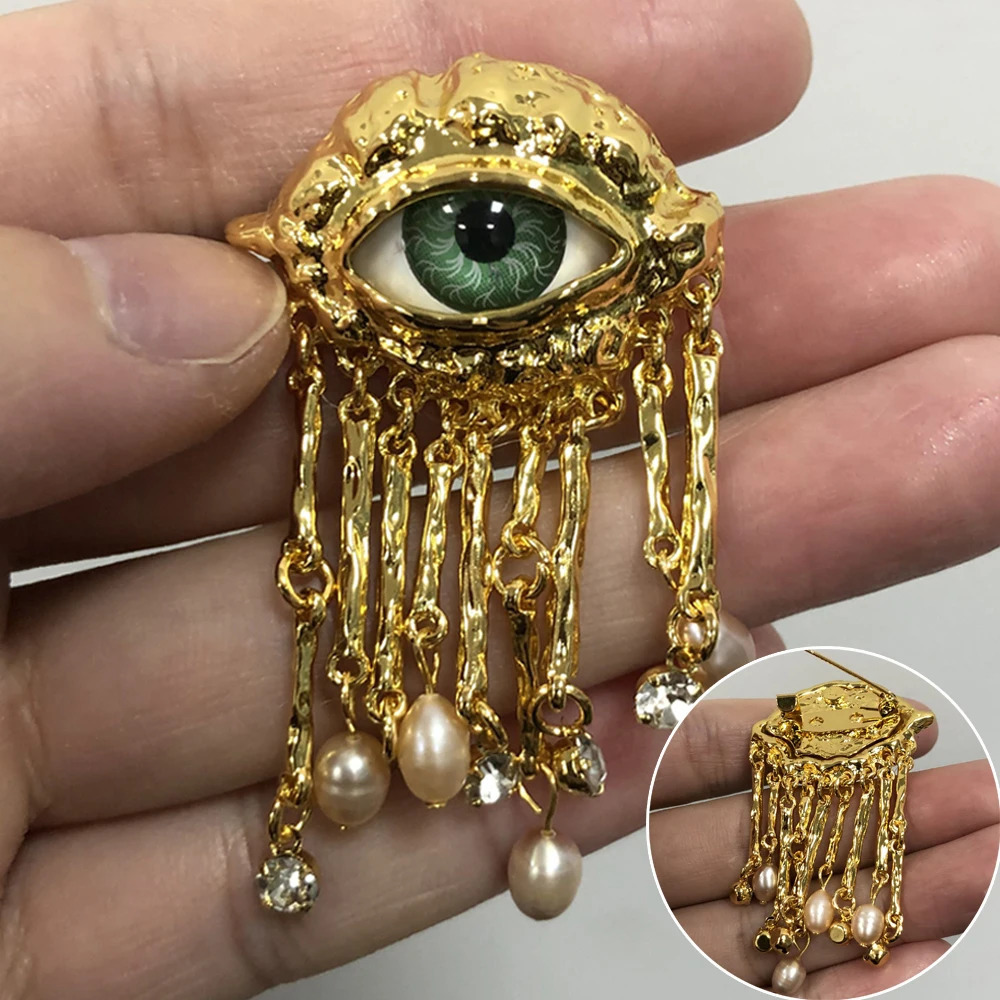 Women Men Vintage Eyes of Demon Brooch Pins Exaggerated Trendy Style Imitated Pearl Delicate Tassels Metal Badge Jewelry 260403BJ