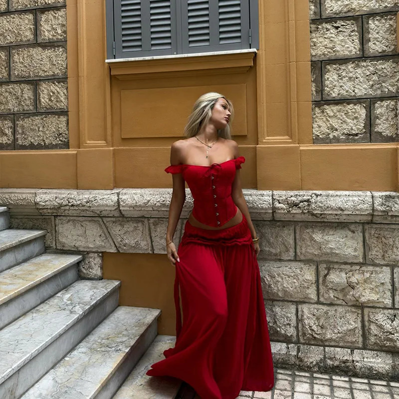 Sexy Red Womens Matching Sets Fishbone Lace Corsets Low Waist Loose Skirt Suits Vacation 2 Pieces Sets 2026 Summer Lady Outfits 260403