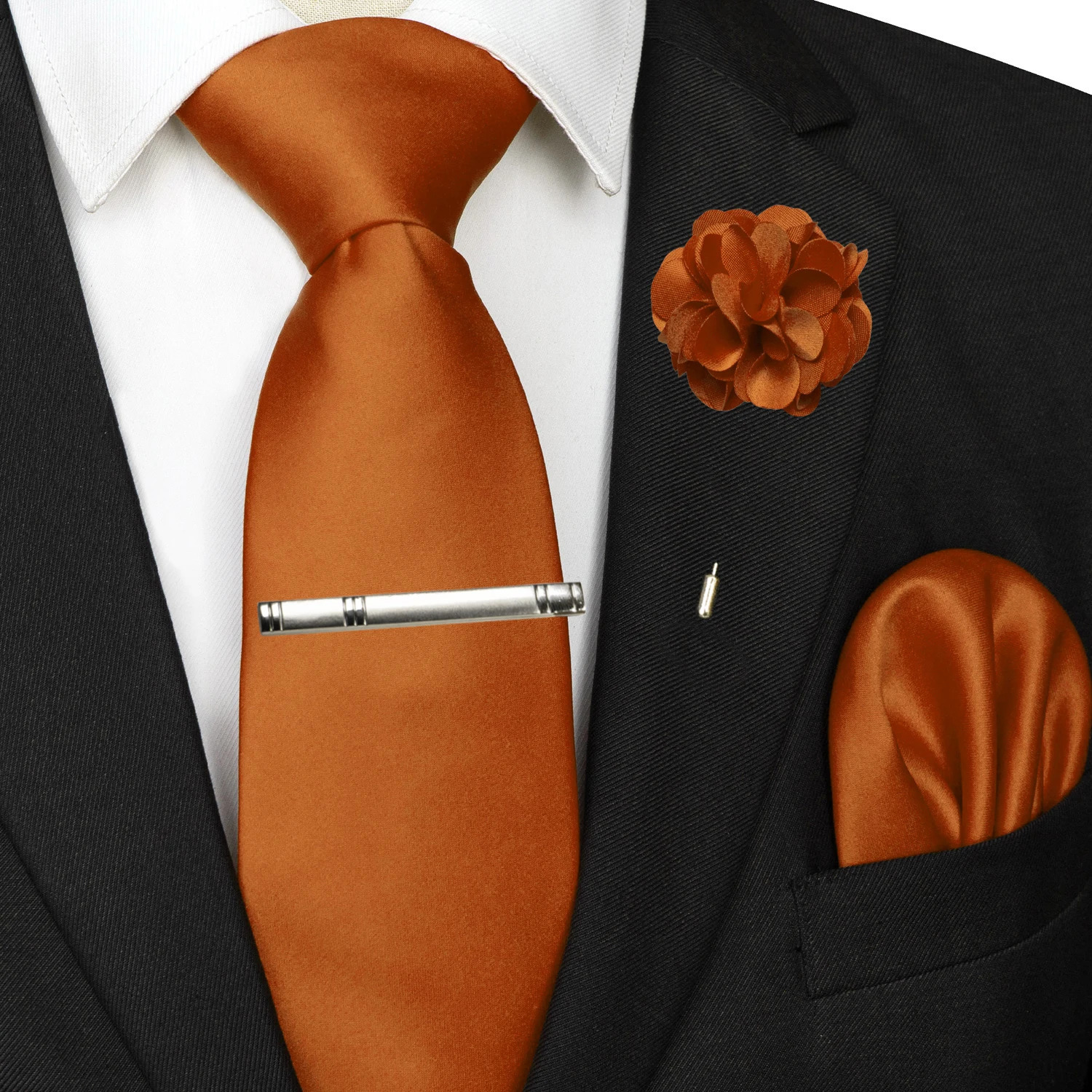 Mens Colors Solid Tie and Lapel Pin Necktie Pocket Square and Tie Clip Sets for Business Casual 4PCS 260403BJ - view 6