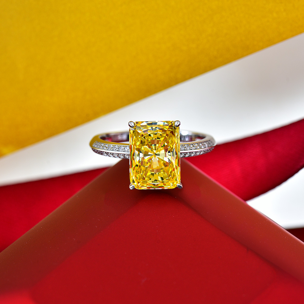 Rulalei Genuine 100% 925 Sterling Silver Crushed Ice Cut Citrine High Carbon Diamonds Gemstone Wedding Engagement Ring Fine Jewelry Gift