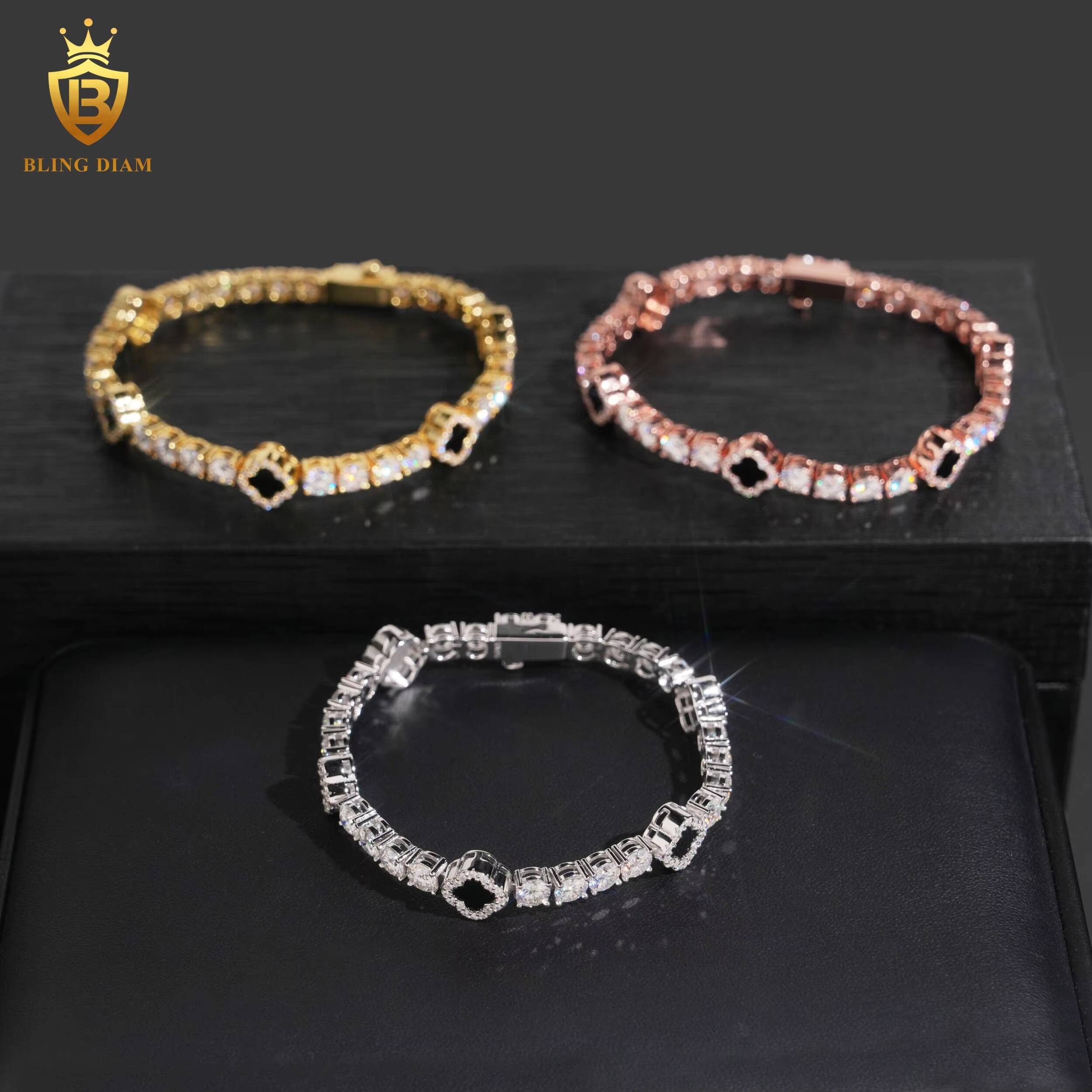Popular Tennis Bracelets Black Clover 4mm Moissanite Bracelet Tennis 925 Silver Chain Vvs Moissanite Bracelets GRA Men Women