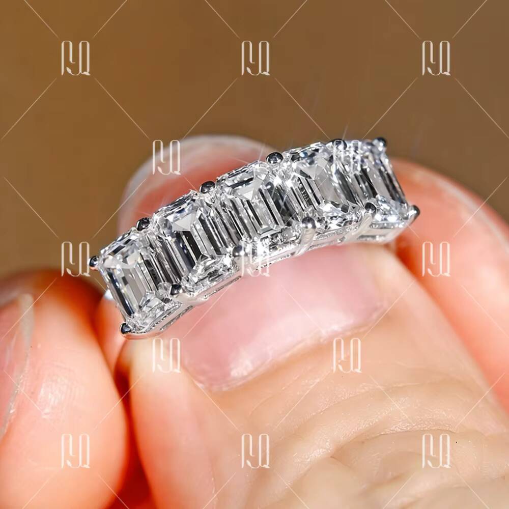 PYQ 4x6mm Emerald Cut Moissanite Half Row Eternity Band 925 Sterling Silver Plated 18K Gold Luxury Womens Ring for Wholesale
