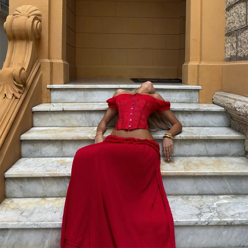 Sexy Red Womens Matching Sets Fishbone Lace Corsets Low Waist Loose Skirt Suits Vacation 2 Pieces Sets 2026 Summer Lady Outfits 260403