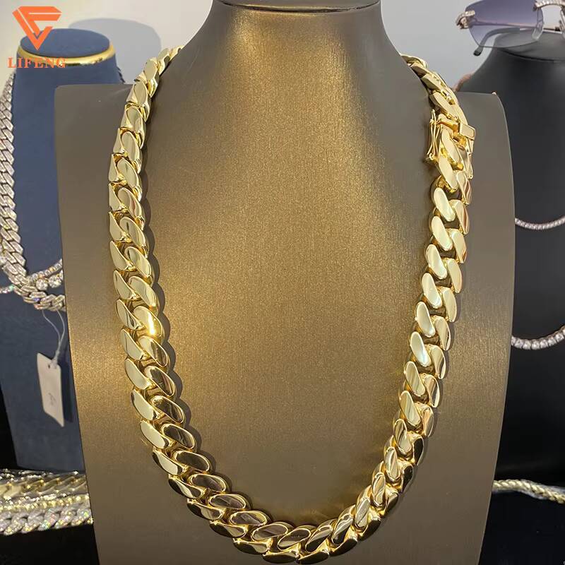 10mm/12mm/18mm/20mm Miami Cuban Link Chain Plain Solid S925 Sterling Silver Moissanite Clasp 18K Gold Plated Hip Hop Style