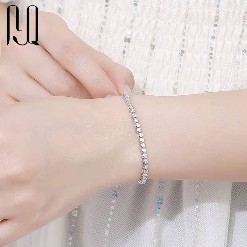 PYQ 2mm Bezel-Set VVS Moissanite Tennis Bracelet Chain with 18K Gold Plated Women 925 Sterling Silver Moissanite Tennis Bracelet