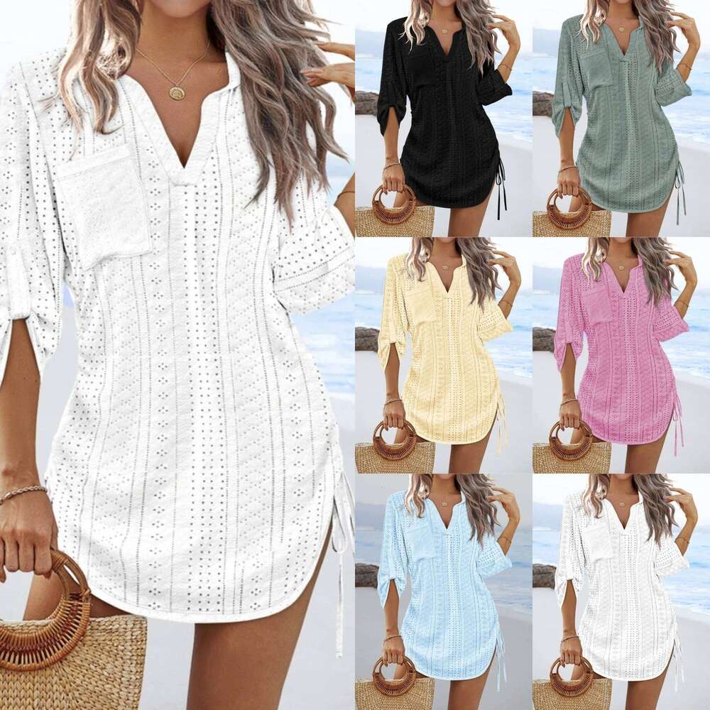 Women's V-Neck Hollow Out Beach Tunic - Lightweight Summer Cover Up With Side Tie Details YINRULAN