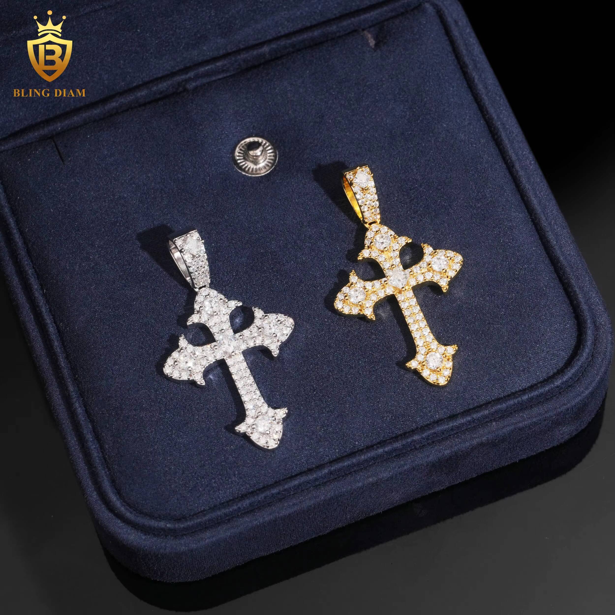USA Stock Hiphop Cross Pendant Charms Round Brilliant Moissanite Pendant 925 Silver Gold Plated GRA Certified Moissanite Pendant
