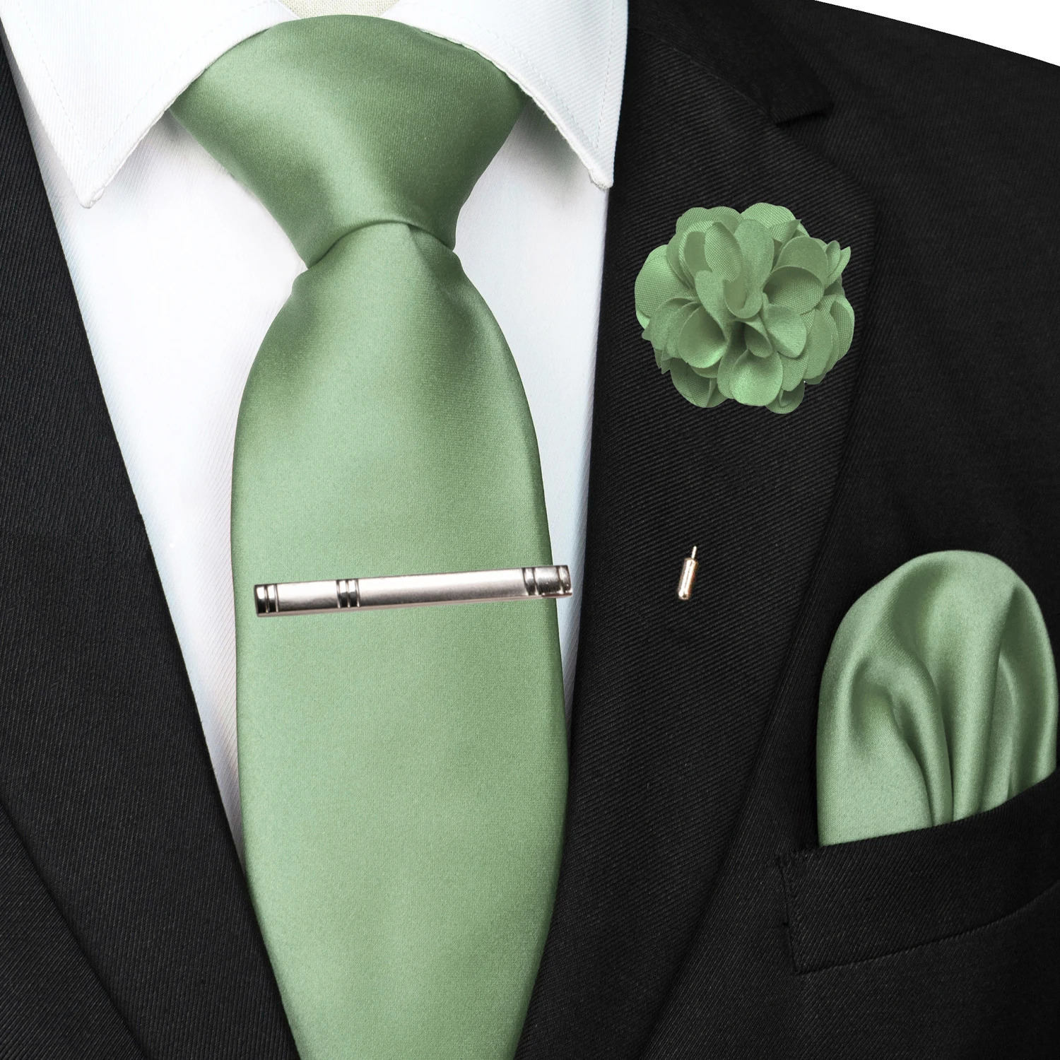Mens Colors Solid Tie and Lapel Pin Necktie Pocket Square and Tie Clip Sets for Business Casual 4PCS 260403BJ