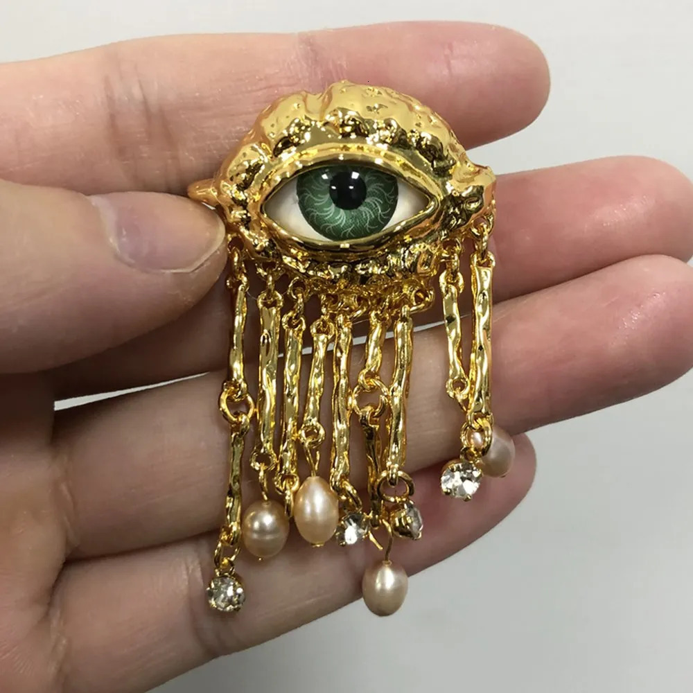 Women Men Vintage Eyes of Demon Brooch Pins Exaggerated Trendy Style Imitated Pearl Delicate Tassels Metal Badge Jewelry 260403BJ - view 3