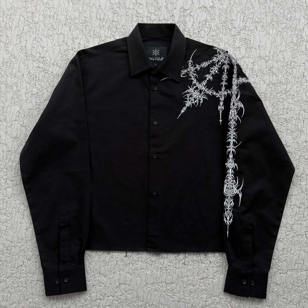 Luxury Brand Designer Men Fashion Abstract Print Long Sleeve Shirt Black Cropped Button Down Blouse Y2K Streetwear Casual Top For Spring Daily Wear