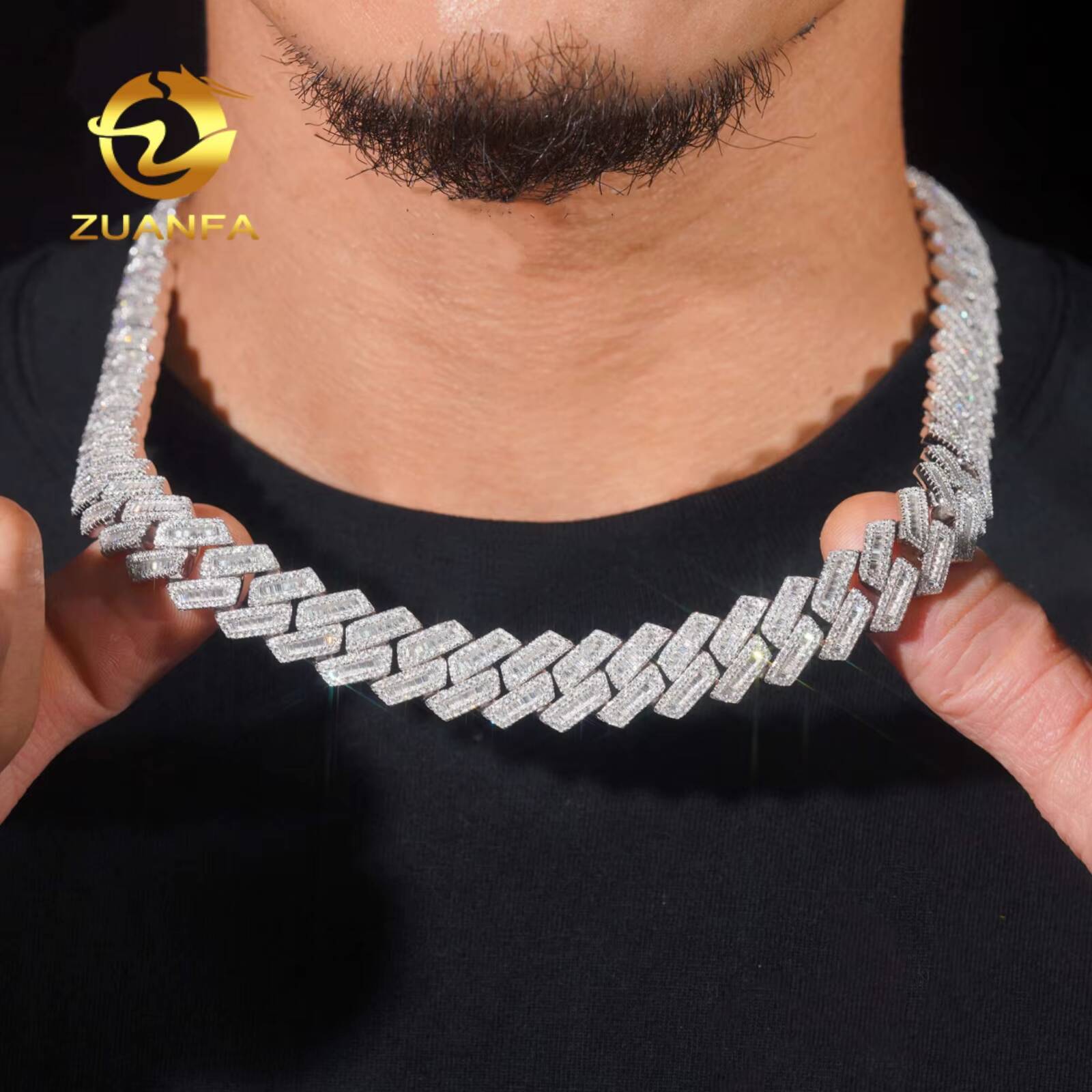 GRA Certified 15mm Baguette Moissanite Chain Cuban Links 925 Silver Cuban Link Chain Moissanite Iced Out Necklace