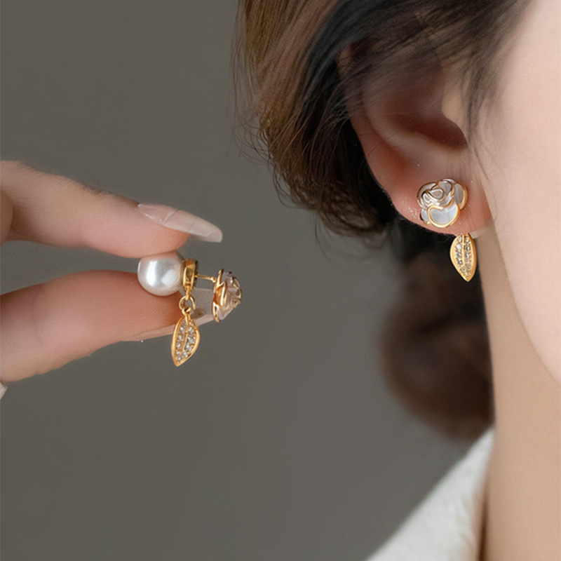 Elegant and stylish camellia pearl zirconia stud earrings for women, versatile design, 2026 new popular ear accessories - view 4