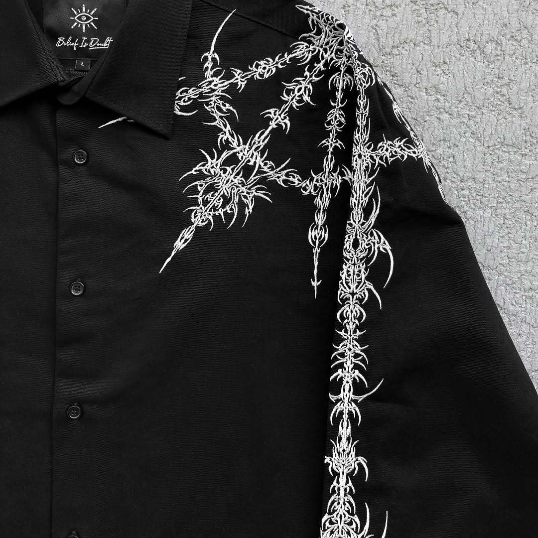 Luxury Brand Designer Men Fashion Abstract Print Long Sleeve Shirt Black Cropped Button Down Blouse Y2K Streetwear Casual Top For Spring Daily Wear