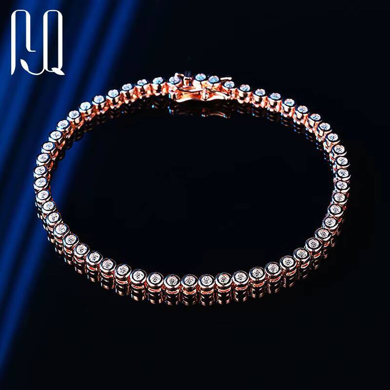 PYQ 2mm Bezel-Set VVS Moissanite Tennis Bracelet Chain with 18K Gold Plated Women 925 Sterling Silver Moissanite Tennis Bracelet