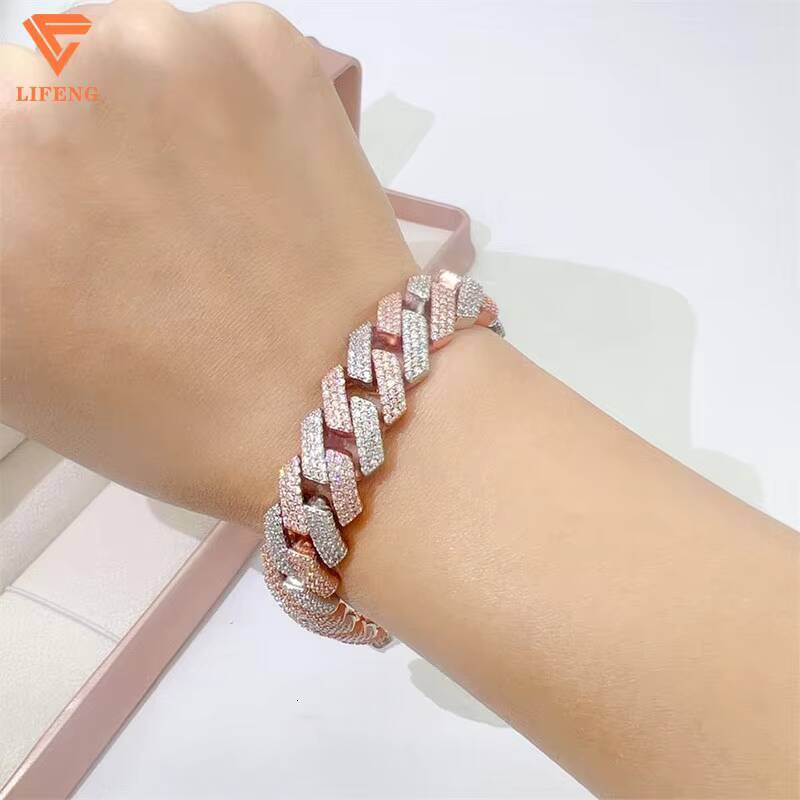 Custom 15mm 925 Sterling Silver Fine Chains Mens Two-Tone Rose Gold Cuban Link VVS Moissanite Diamond Test Ice Charms Bangles