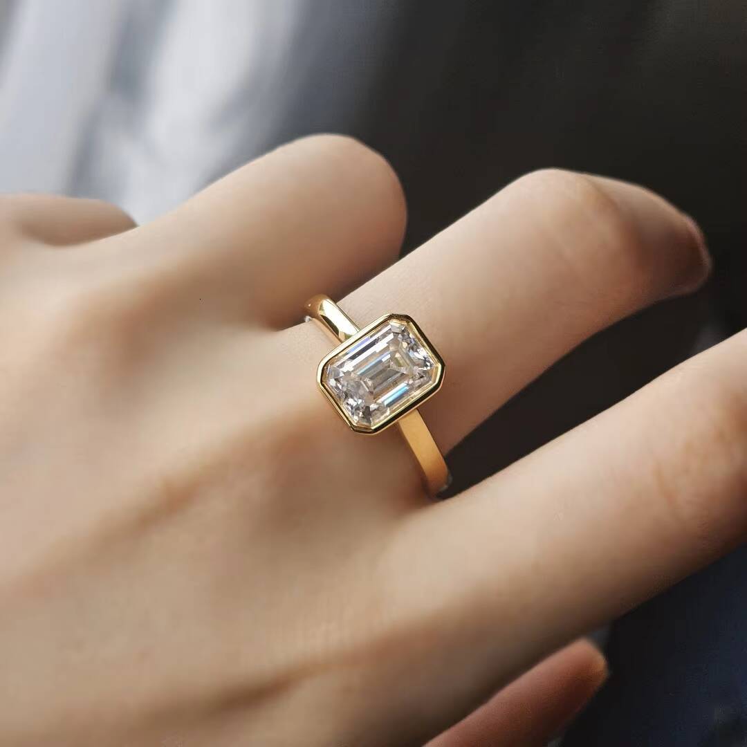 Bezel Set 3 Ct Emerald Cut Moissanite Ring 925 Sterling Silver 18k Gold Plated Womens Jewelry Factory Direct