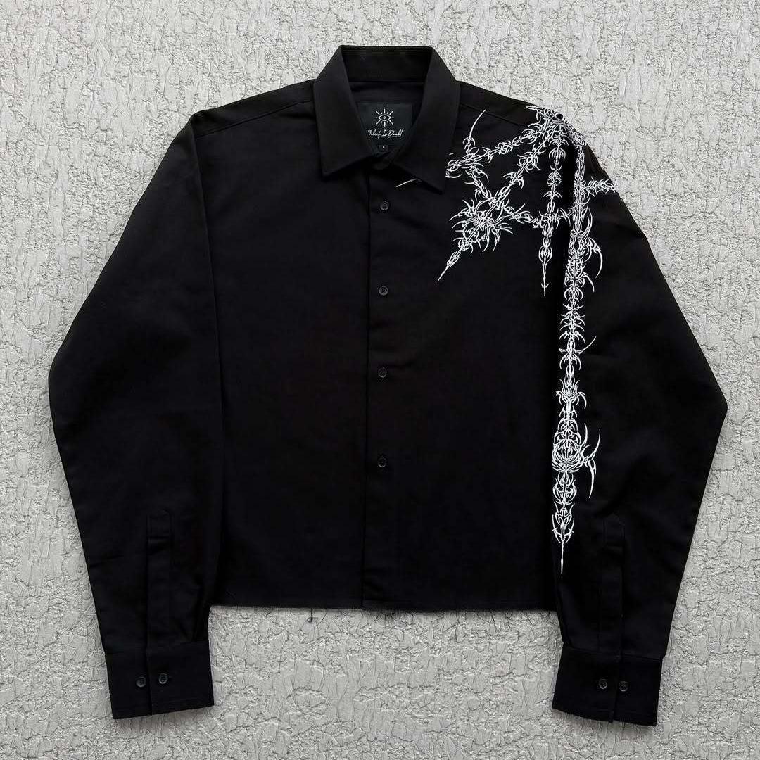 Luxury Brand Designer Men Fashion Abstract Print Long Sleeve Shirt Black Cropped Button Down Blouse Y2K Streetwear Casual Top For Spring Daily Wear