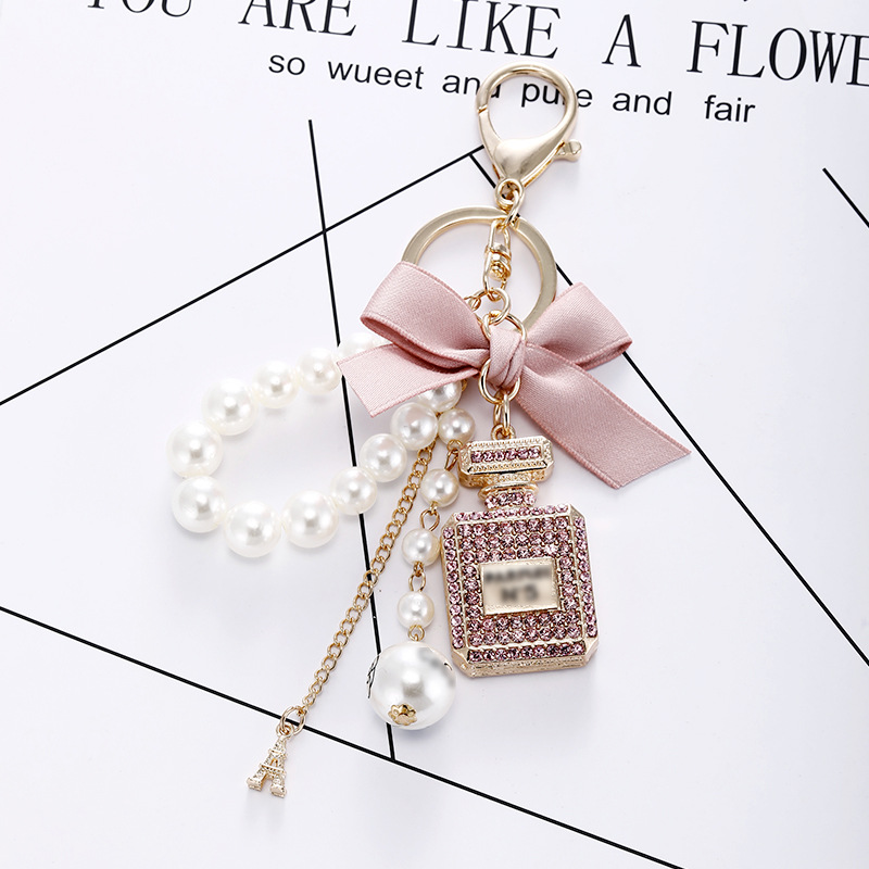 Key Chain Bag Charm Vintage perfume Bottle Key Chain with Red Ribbon and Pearl Chain Women's Packaging Ornaments and Gifts Free Shipping