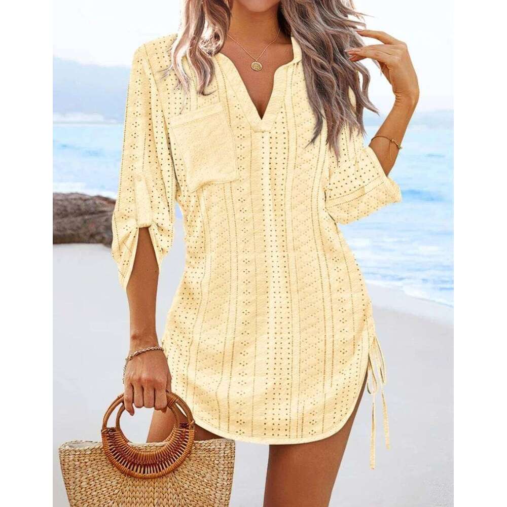 Women's V-Neck Hollow Out Beach Tunic - Lightweight Summer Cover Up With Side Tie Details YINRULAN