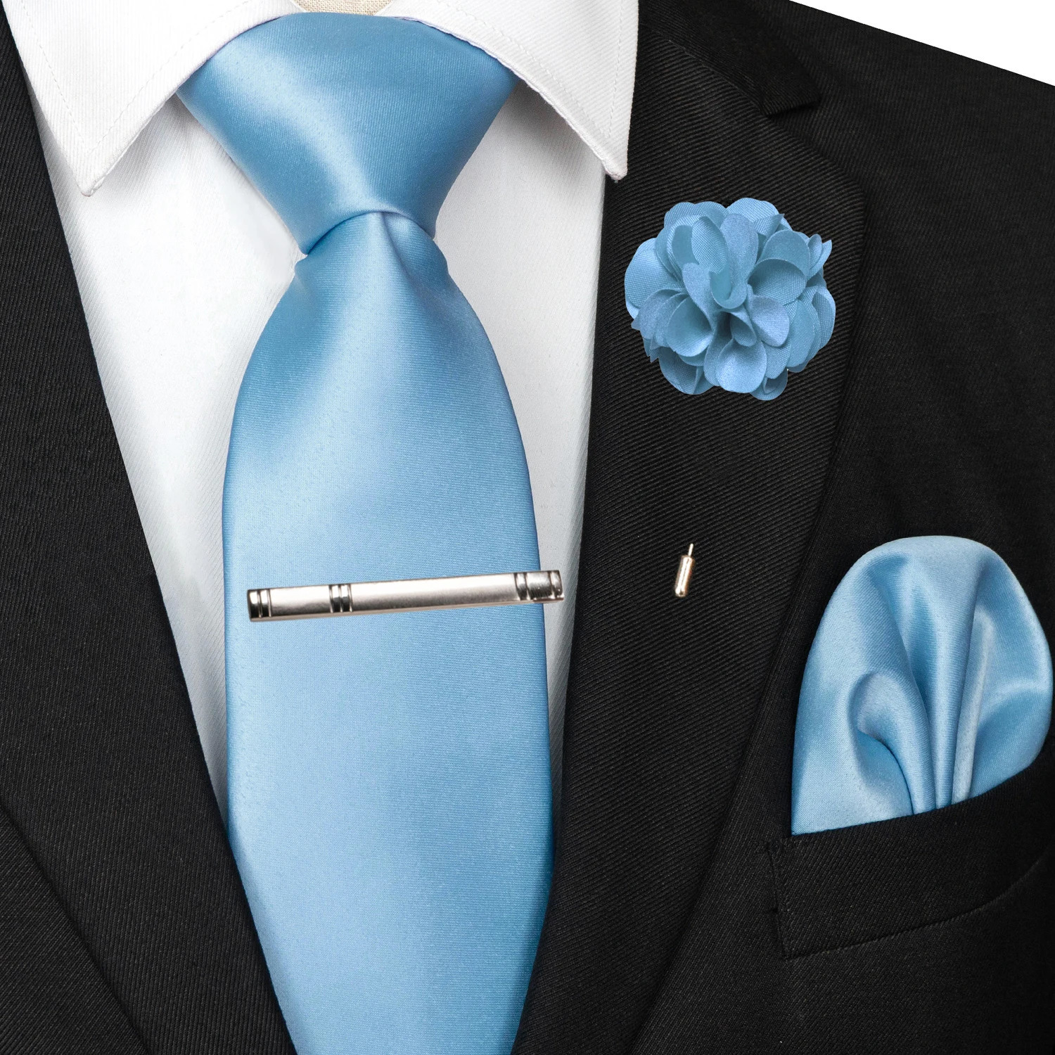 Mens Colors Solid Tie and Lapel Pin Necktie Pocket Square and Tie Clip Sets for Business Casual 4PCS 260403BJ - view 4