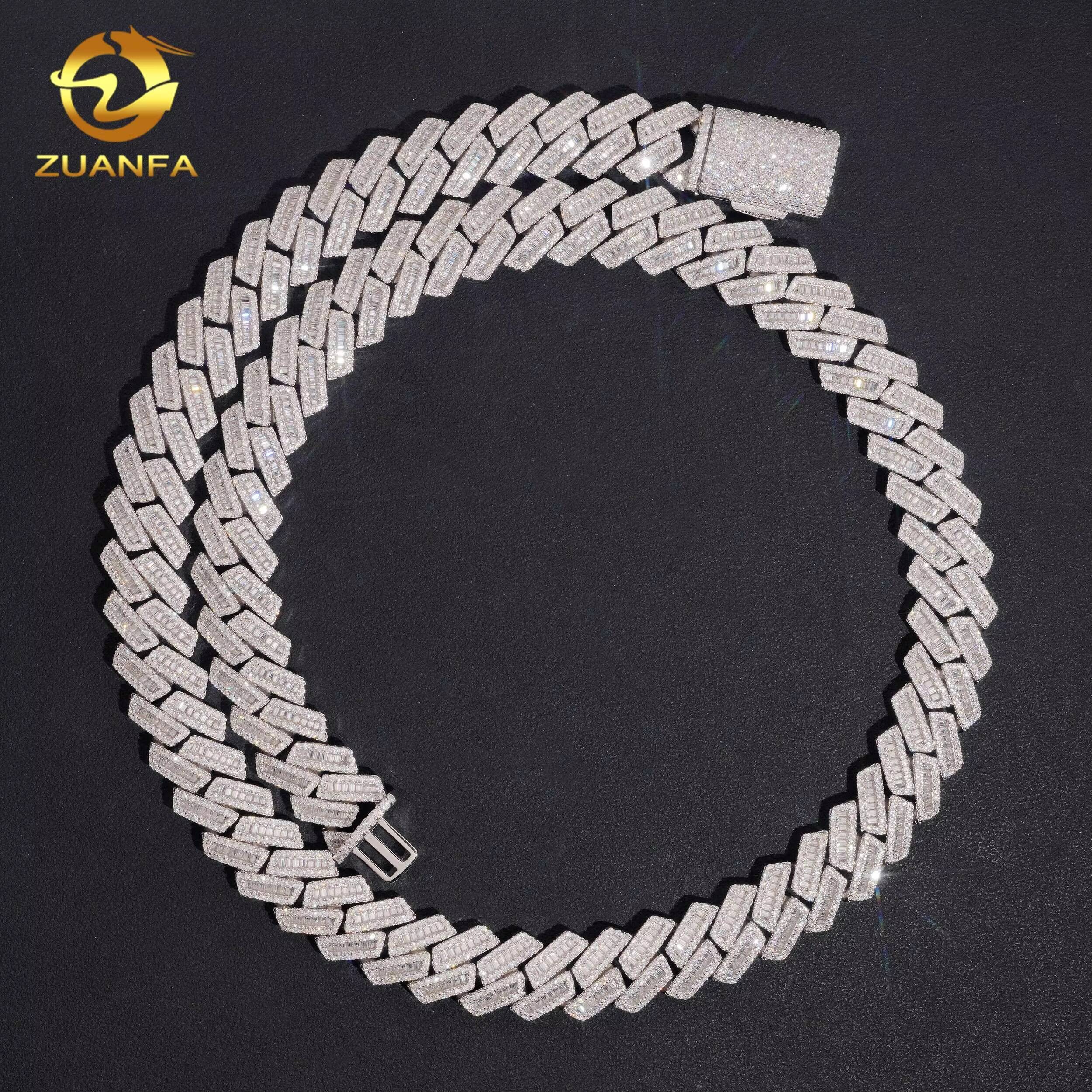 GRA Certified 15mm Baguette Moissanite Chain Cuban Links 925 Silver Cuban Link Chain Moissanite Iced Out Necklace
