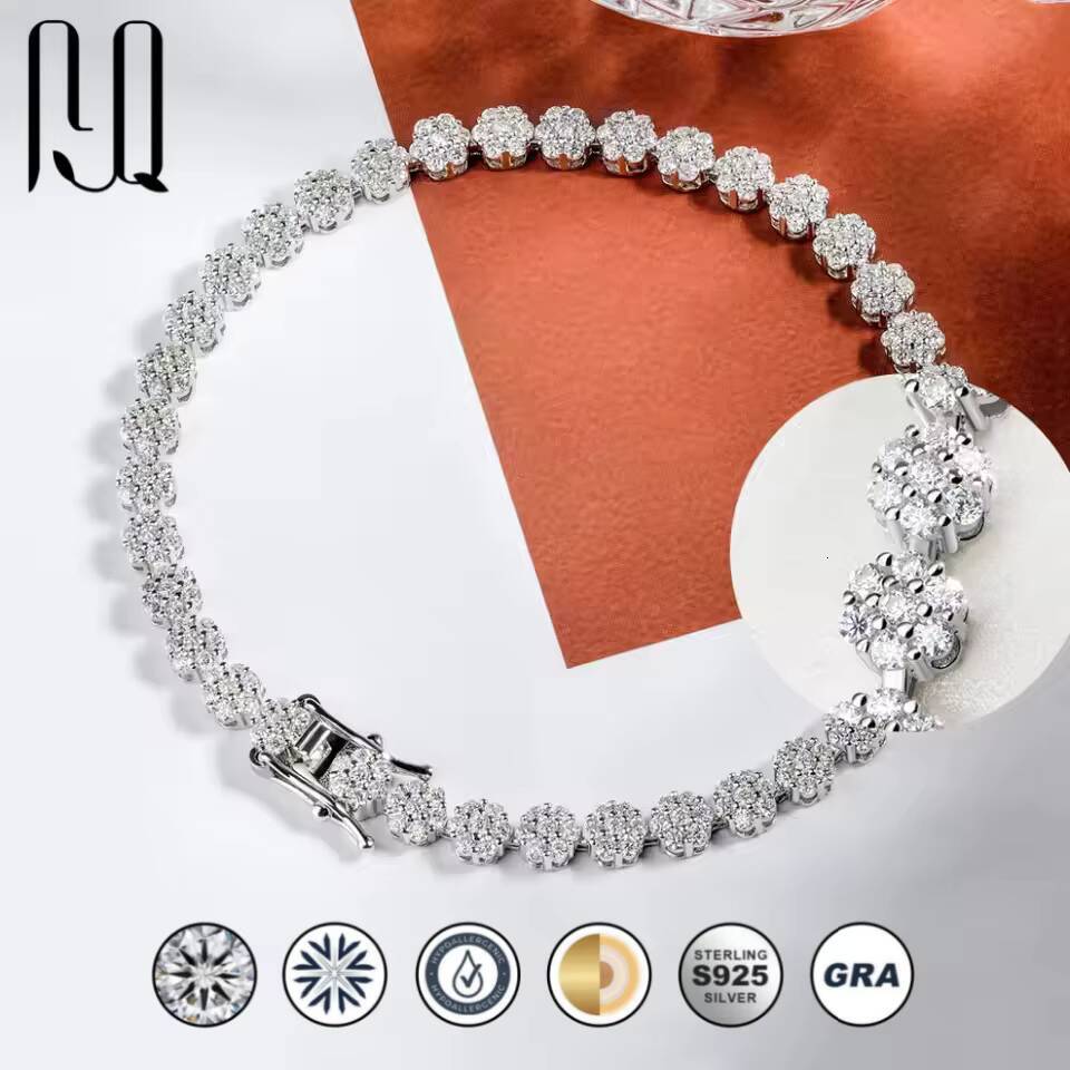 PYQ Wholesale Custom Jewelry 925 Sterling Silver Plum Blossom Moissanite Rhodium Plated Hip Hop Hand Chain Charm Tennis Bracelet