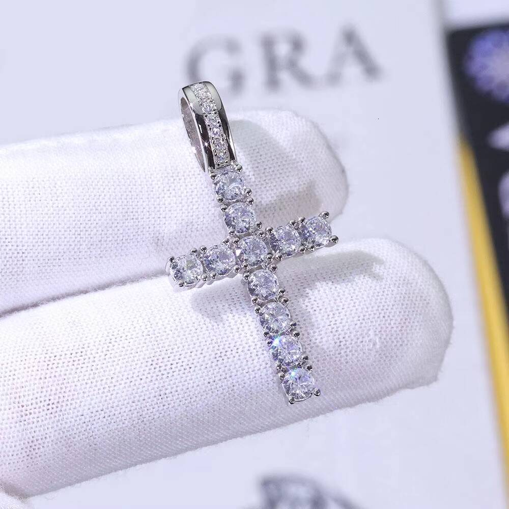 Moissanite Cross Pendant White Gold Tone Iced Out Round Stone Hip Hop Luxury Statement Necklace for Men