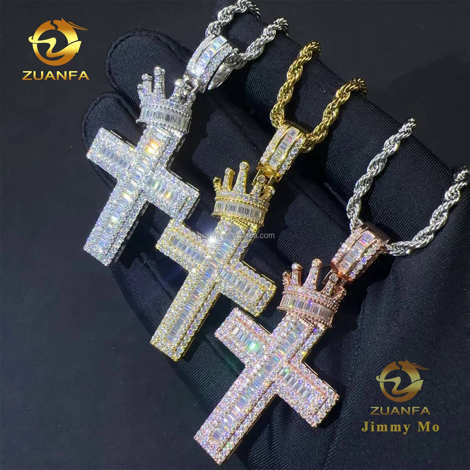 Bulk Stock Hot Selling Popular Trendy Fashion Jewelry Hip Hop S925 VVS1 Baguette Moissanite Diamond Cross Crown Bail Pendant