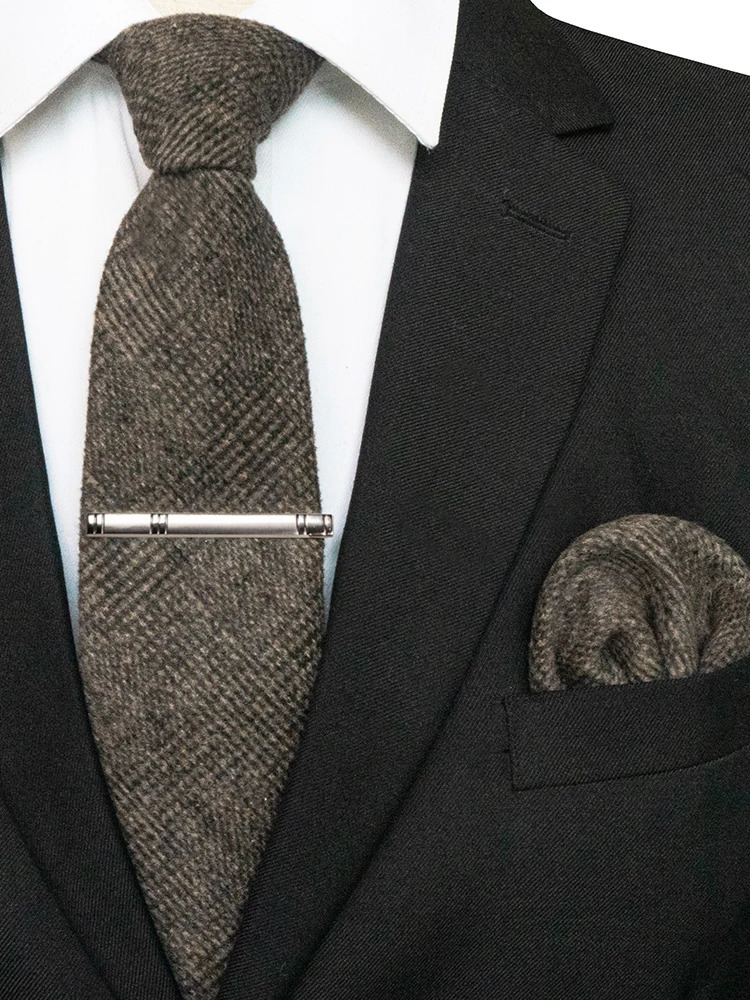JEMYGINS Solid Color Cashmere Wool Necktie and Pocket Square Tie Clip Sets for Men Daily Cravat Accessory Gift 260403BJ