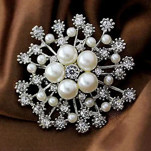 Wulibaby Grey Pearl Snowflake Brooches For Women Unisex Big Party Casual Brooch Pins Gifts 260403BJ - view 3