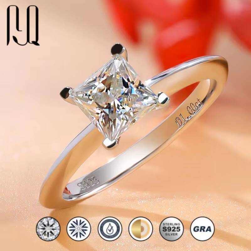 1 Ct Princess Cut Moissanite Ring Light Luxury Wedding for Women in 925 Silver Platinum Plated Factory Wholesale