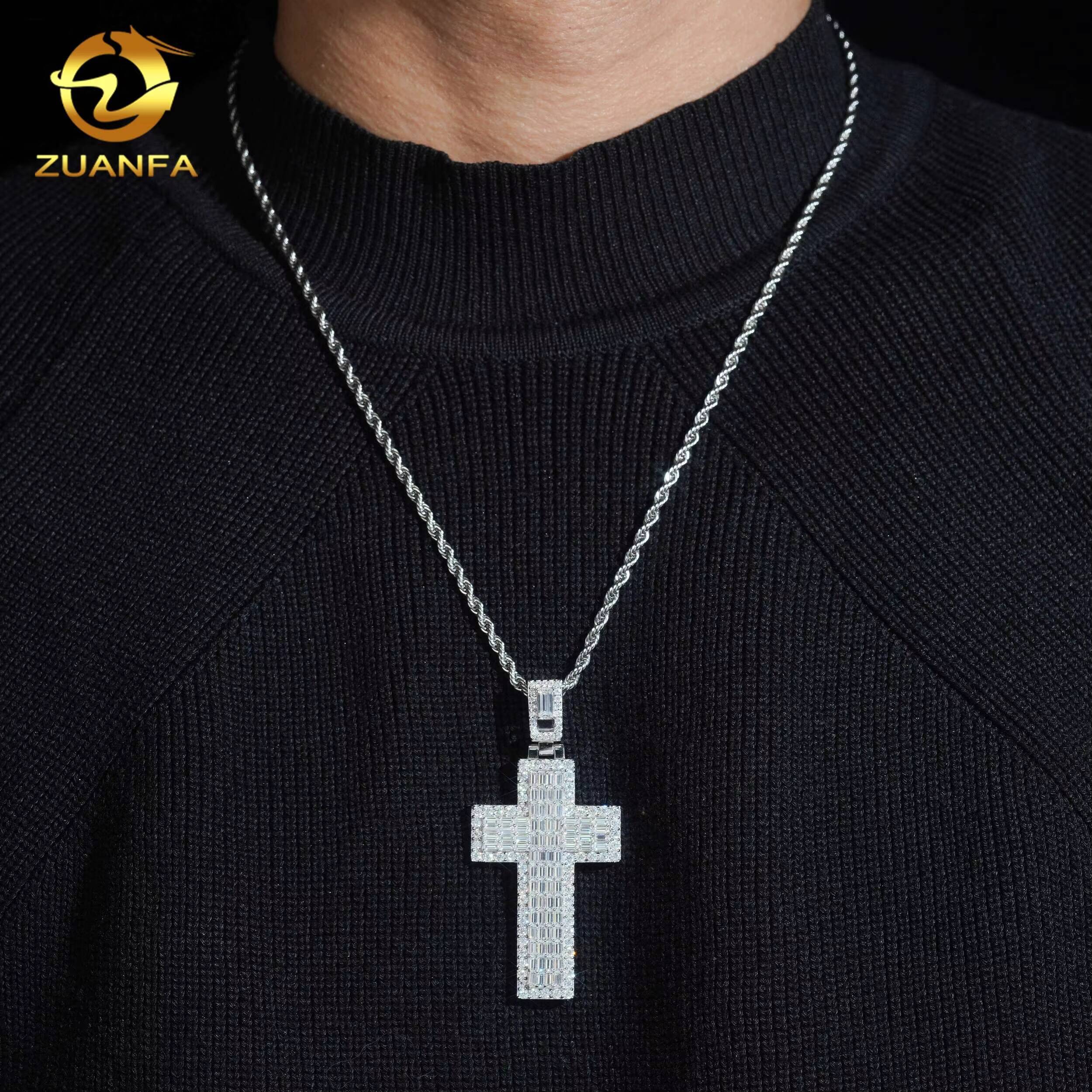 Baguette Cut Diamond Fine Hip Hop Moissanite Jewelry Iced Out Solid Back Cross Pendant 925 Silver VVS Moissanite Pendant